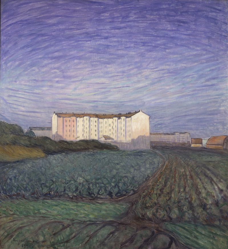 Landscape of the outskirts of a town with vibrant colors, oil painting by Eugène Jansson
