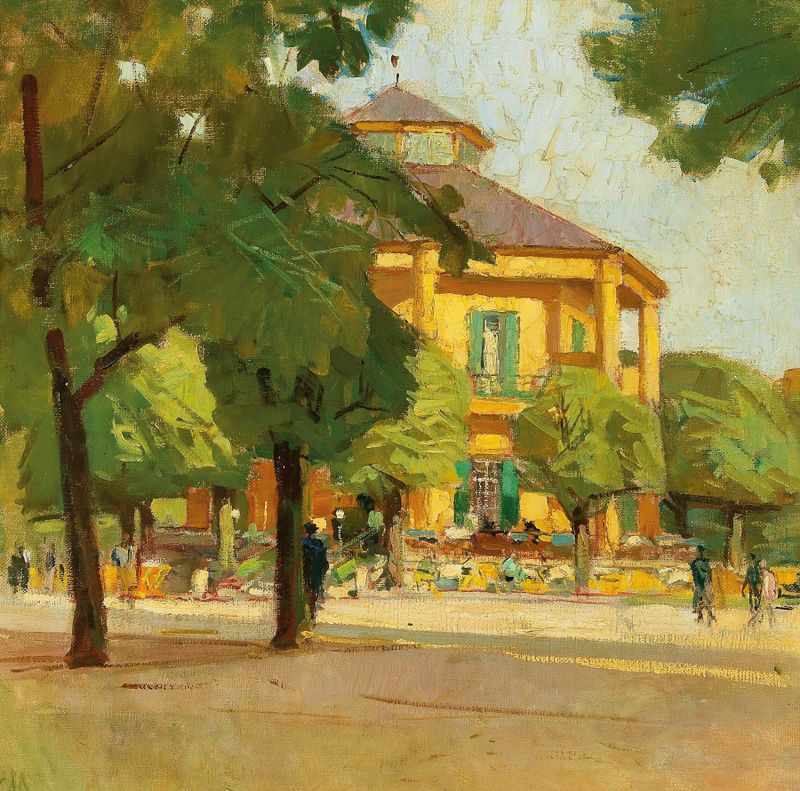 Lusthaus de Carl Moll, óleo sobre lienzo que representa un paisaje de jardín sereno.
