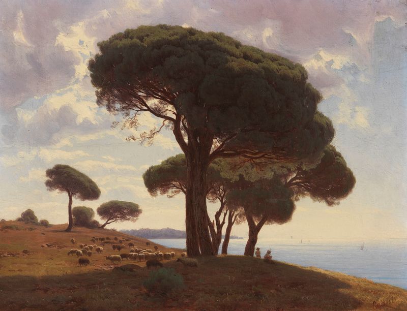 Südliche Küstenlandschaft mit Schafherde de Mikhail Spiridonovich Erassi, óleo sobre tela representando ovelhas em uma pai...