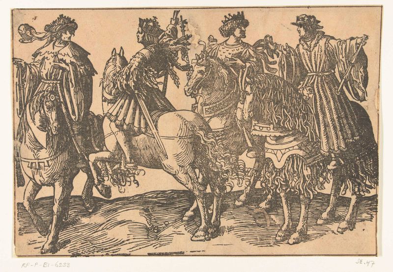 Four armored riders in a historical scene, paper artwork by Jacob Cornelisz van Oostsanen