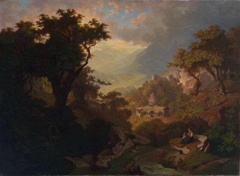 Landschaft bei Meran mit Blick auf Schloß Tirol de Heinrich Heinlein, pintura al óleo que muestra colinas y un castillo.