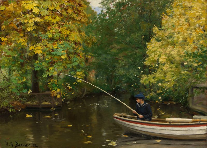 Fishing Boy by Hans Andersen Brendekilde, oil on canvas, a boy by the water in golden sunlight