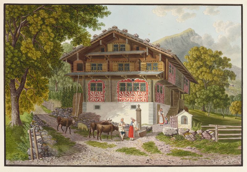 Pintura a óleo de Unterwaldner Bauernhaus de David Alois Schmid, retratando uma casa de madeira sob a luz do sol.