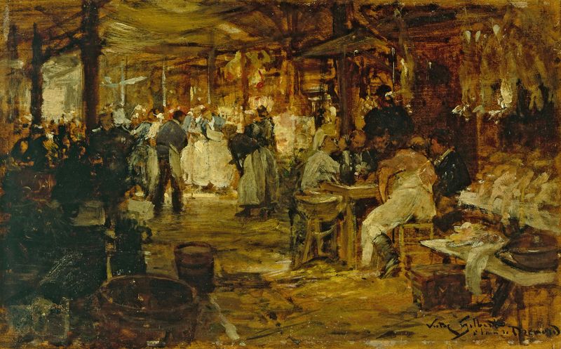 Genre scene with a market, fruits, and vendors by Victor Gabriel Gilbert, oil on canvas