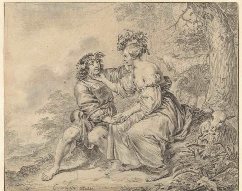 Shepherd and Shepherdess Seated in a Landscape, drawing by Casper Casteleyn
