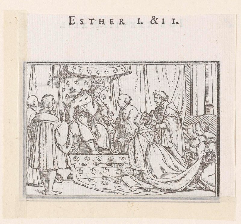 Ester wordt voorgesteld aan Ahasveros de Hans Holbein (II), medio papel, con Esther en un vestido real junto a Ahasveros