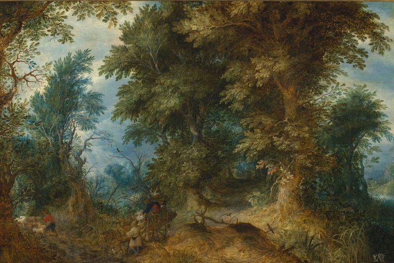 Forest landscape by Abraham Govaerts, oil on panel depicting a vibrant woodland with dappled sunlight.