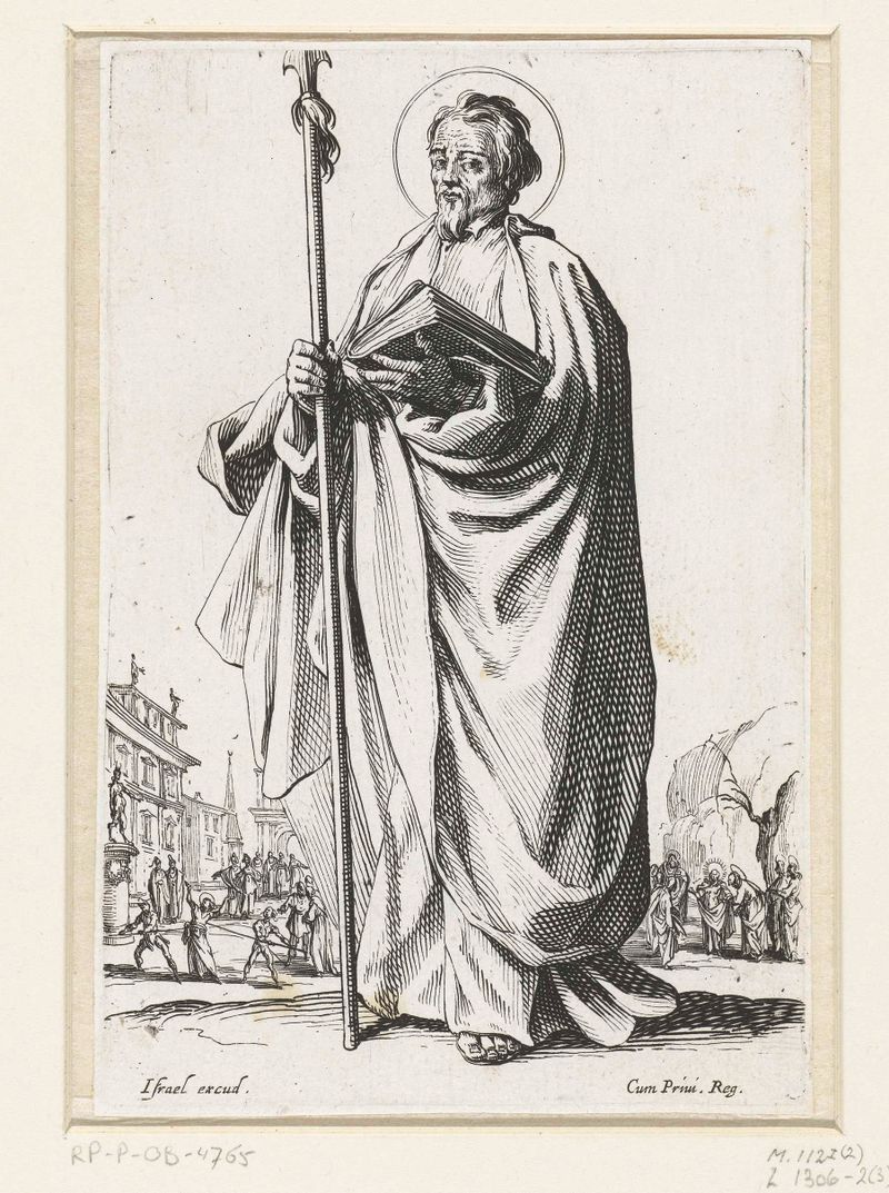 Gravura religiosa de Jacques Callot mostrando um apóstolo com uma expressão pensativa