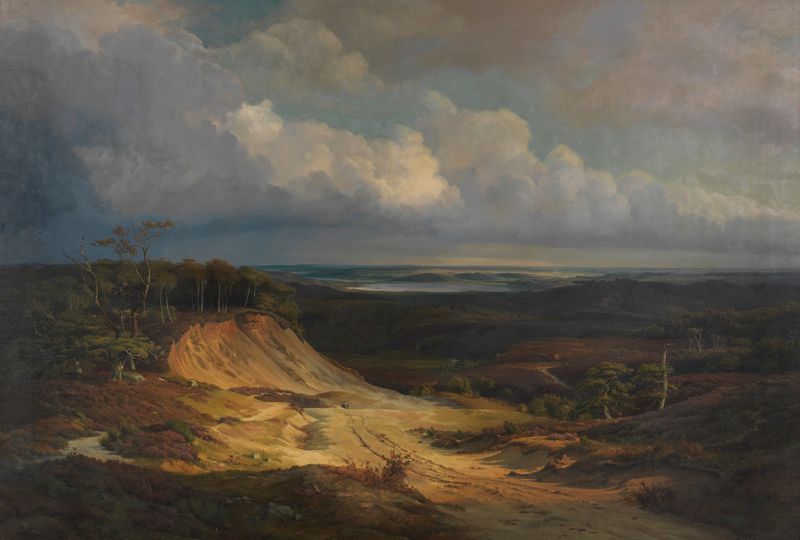 Heidelandschaft in Jütland de Louis Gurlitt, óleo sobre lienzo que representa un paisaje sereno con colores apagados.