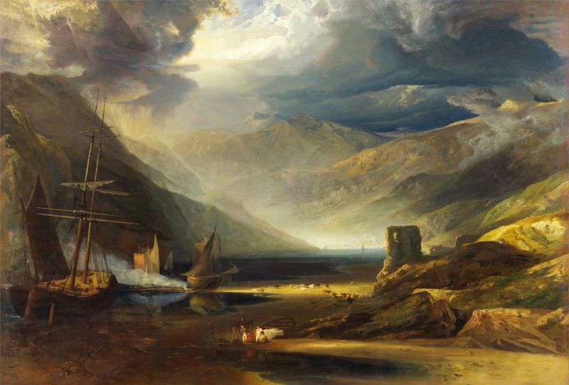 Watercolour by Copley Fielding depicting a coastal scene with a retreating storm.