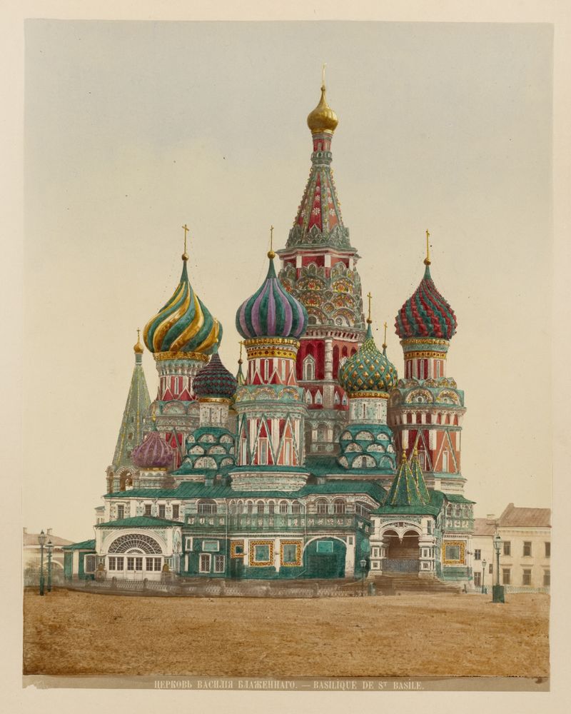 Tserkov’ Vasiliia Blazhennago by J. Daziaro, oil painting depicting a church with intricate light and shadow.