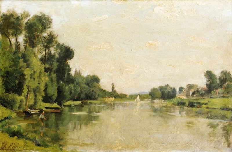 Pintura a óleo de Stanislas Lépine que retrata uma paisagem fluvial tranquila com um pescador.