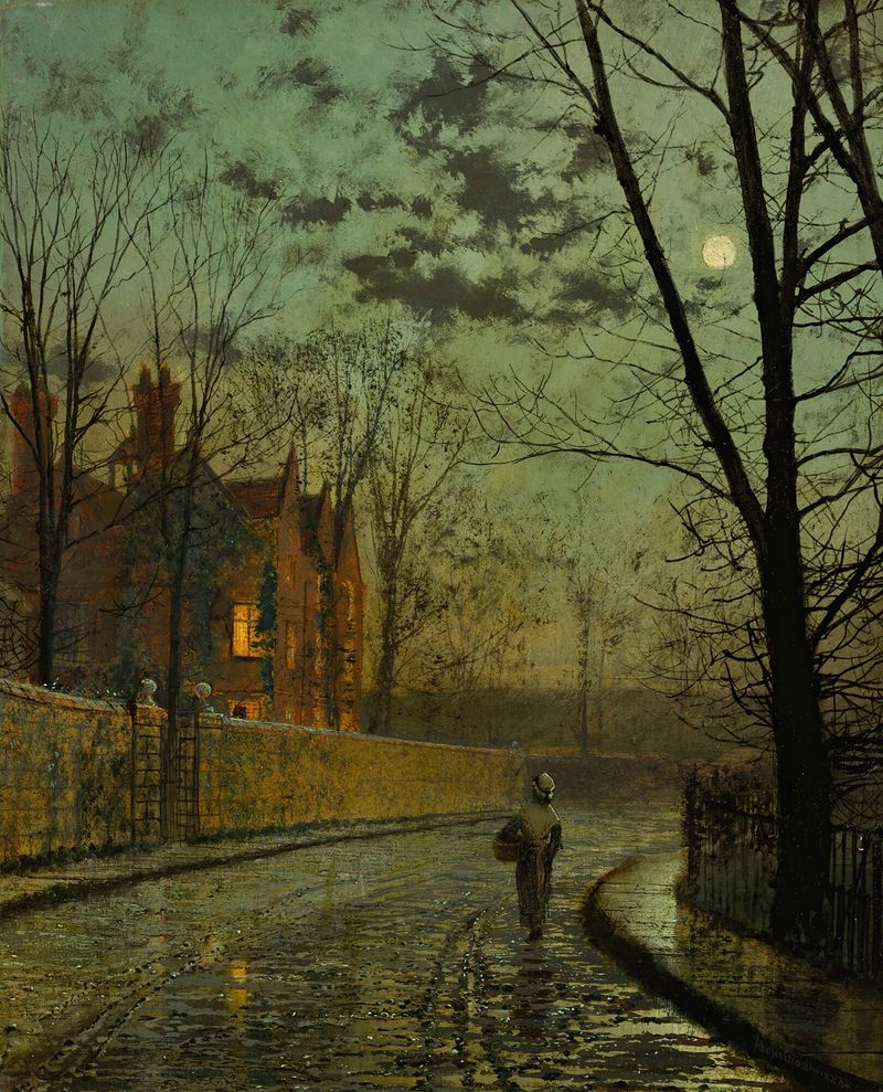 Cena de gênero de rua de paralelepípedos com lampiões a gás e reflexos na água, por John Atkinson Grimshaw, pintura a óleo