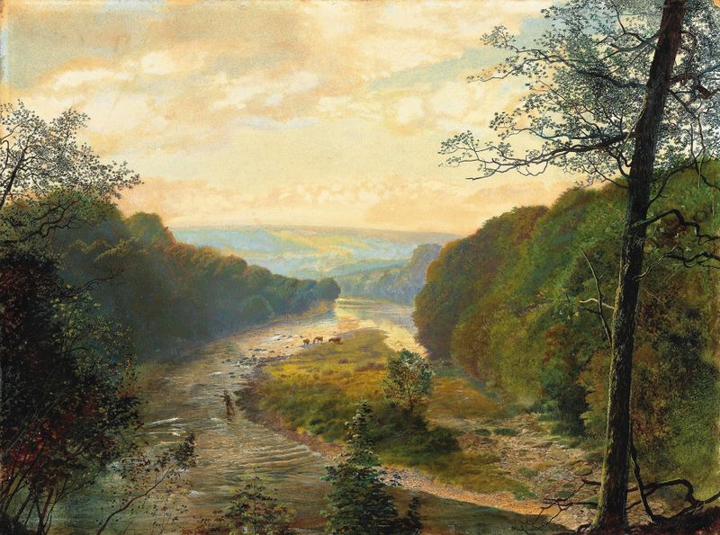 Paisagem vitoriana de John Atkinson Grimshaw, apresentando um rio e a Torre de Barden.