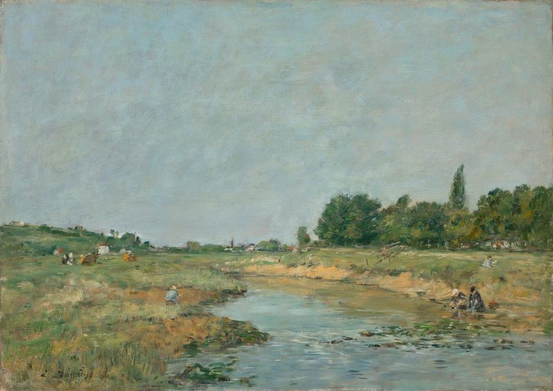 Laveuses au bord de la rivière, óleo sobre lienzo de Eugène Boudin, que muestra a mujeres lavando ropa junto al río.