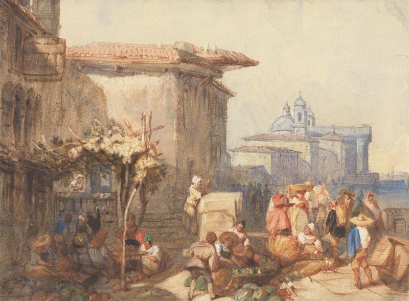 A market scene in Venice with vendors and colorful fruits, oil painting by Charles Bentley