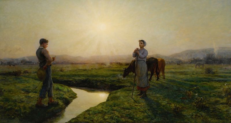 Le Matin de Jules Breton, pintura al óleo de una mujer campesina en luz de amanecer