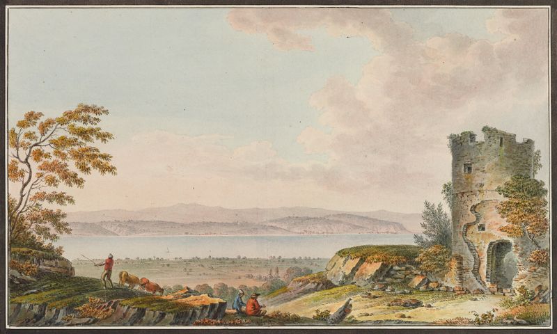 Vue de Lancienne Tour d’Avenche, et du Lac de Morat by Joseph Emmanuel Curty, oil painting depicting a serene landscape.