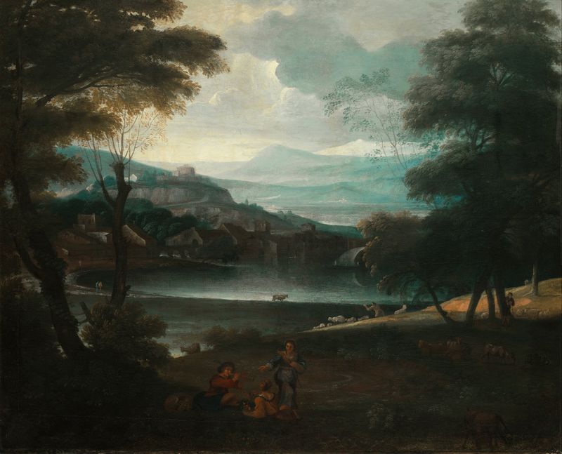 Landscape with resting shepherds by Giovanni Francesco Grimaldi, Baroque, depicting gentle hills and sunlight.