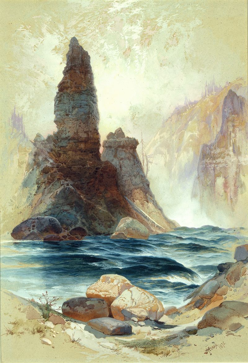 Above Tower Falls, Yellowstone de Thomas Moran, pintura a óleo que retrata uma cachoeira e montanhas