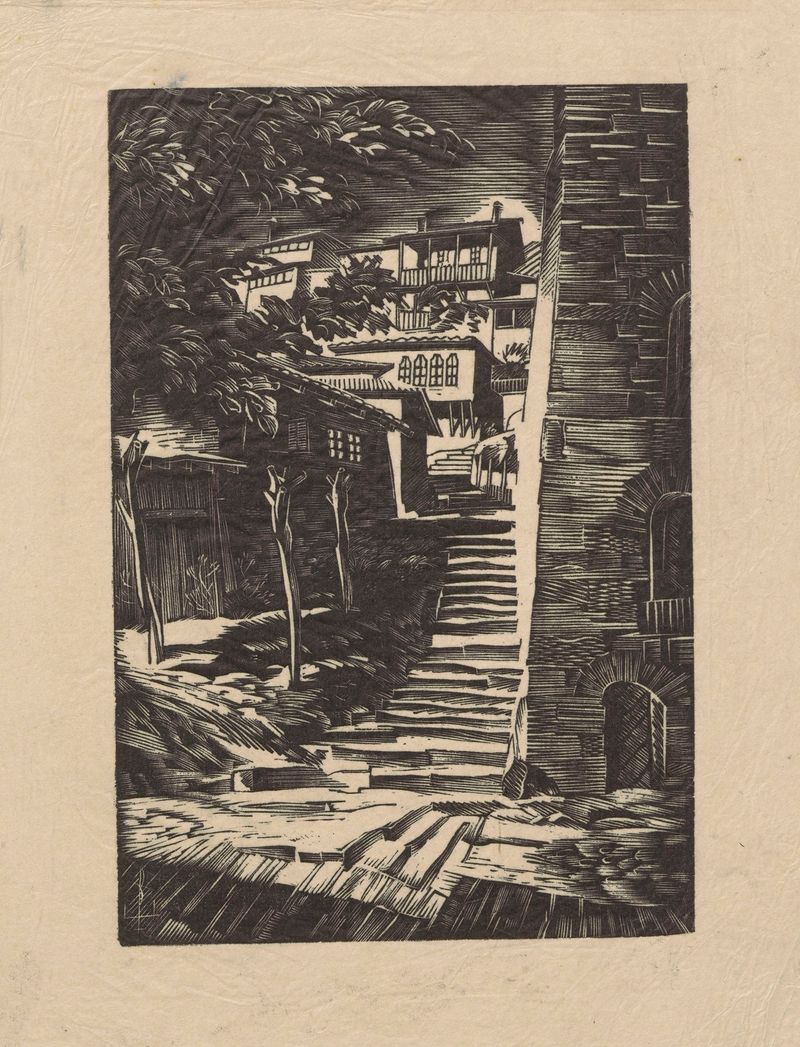 Interior scene featuring worn stairs by Edmund Bartłomiejczyk, expressionism