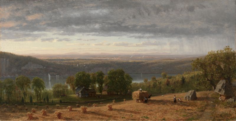 Landscape with Haywain de Worthington Whittredge, pintura al óleo que representa una carreta de madera junto a un río.