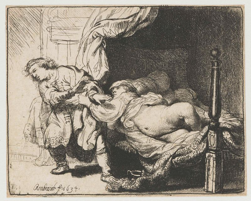 José y la mujer de Potifar, grabado de Rembrandt van Rijn, que representa un momento de tentación.