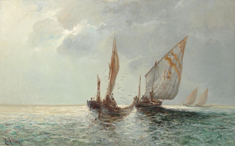 Fishing boats on the coast, oil on canvas by Leontine von Littrow