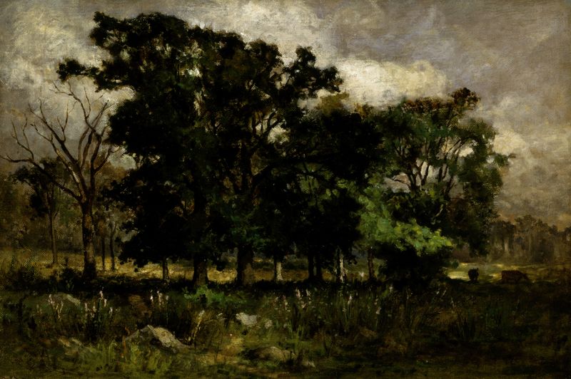 Tree Landscape de Edward Mitchell Bannister, óleo sobre lienzo que representa altos árboles y luz dorada.