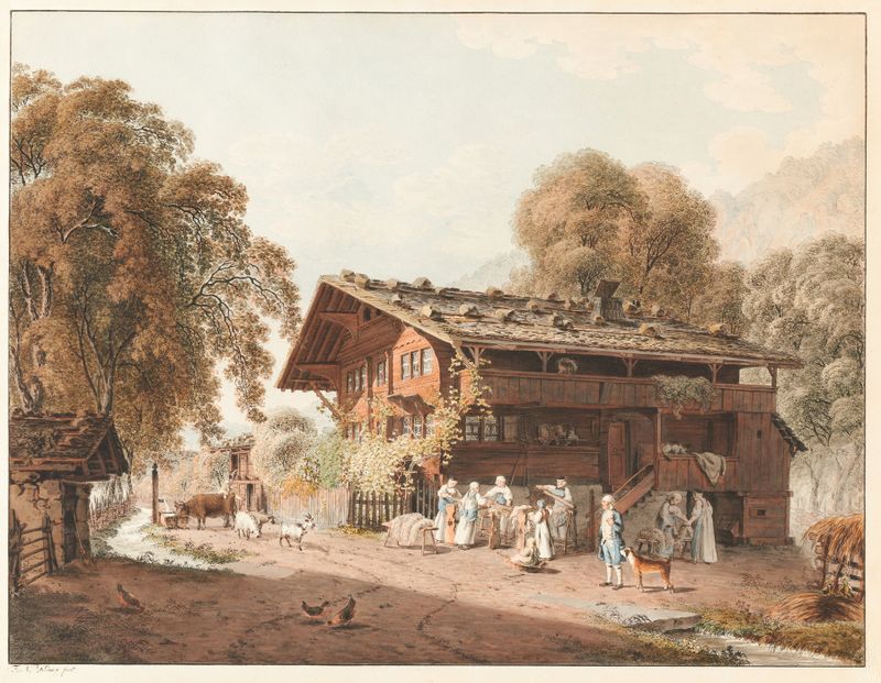Escena figurativa de una familia trabajadora, óleo de Franz Niklaus König