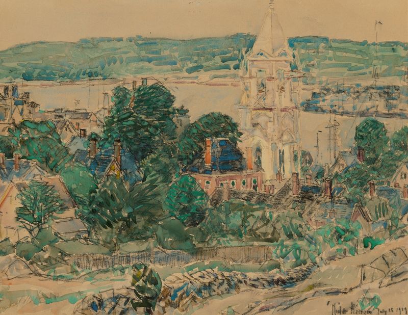 Escena de género de techadores trabajando a la luz del sol, óleo sobre lienzo de Childe Hassam