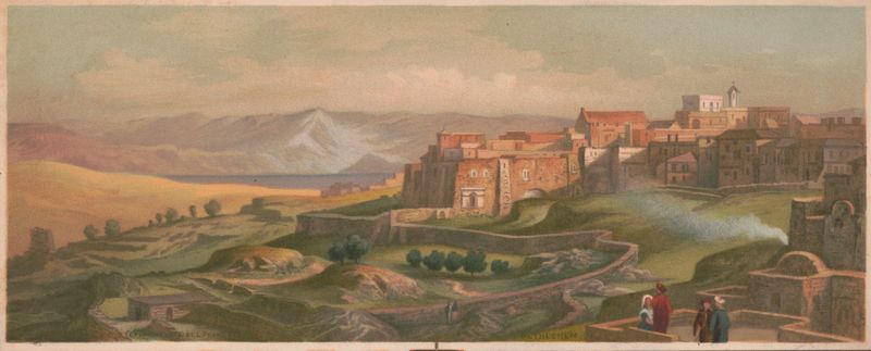 Landscape depicting a starlit sky over a village, created by Louis Prang & Co.