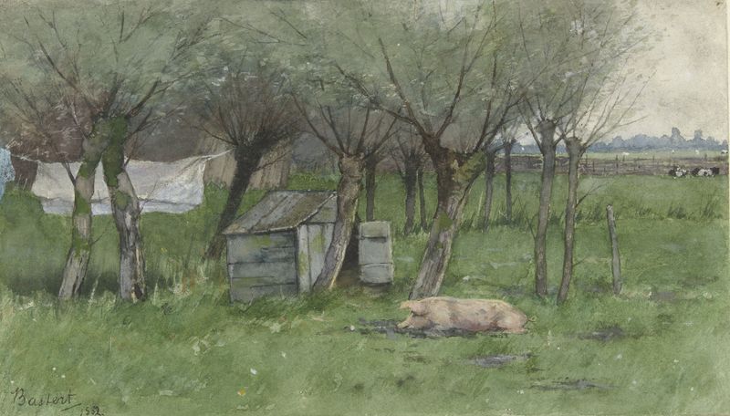 Pastoral scene with a reclining pig, oil painting by Nicolaas Bastert