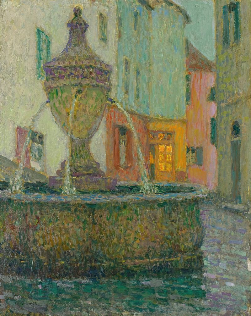 Paisaje con una fuente y un pueblo en luz dorada de Henri Le Sidaner, pintura al óleo