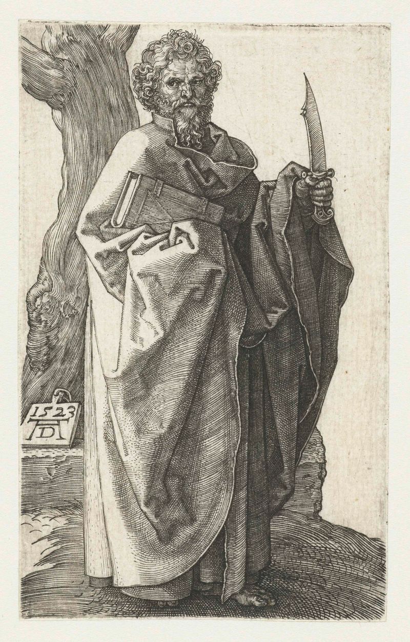 De apostel Bartholomeus engraving by Albrecht Dürer, featuring Bartholomew in chiaroscuro.