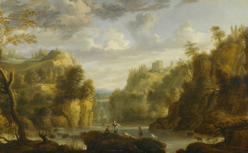 Mountain landscape with a waterfall and temple view, oil painting by Gillis Peeters the Elder
