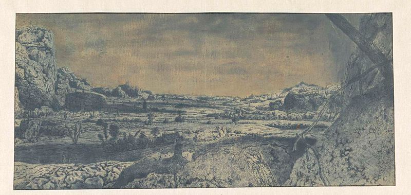 Paisagem de vale montanhoso com campos cercados, gravura de Hercules Segers