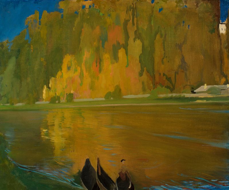 Verkiai Village near Vilnius by Konrad Krzyżanowski, oil on canvas depicting a serene landscape