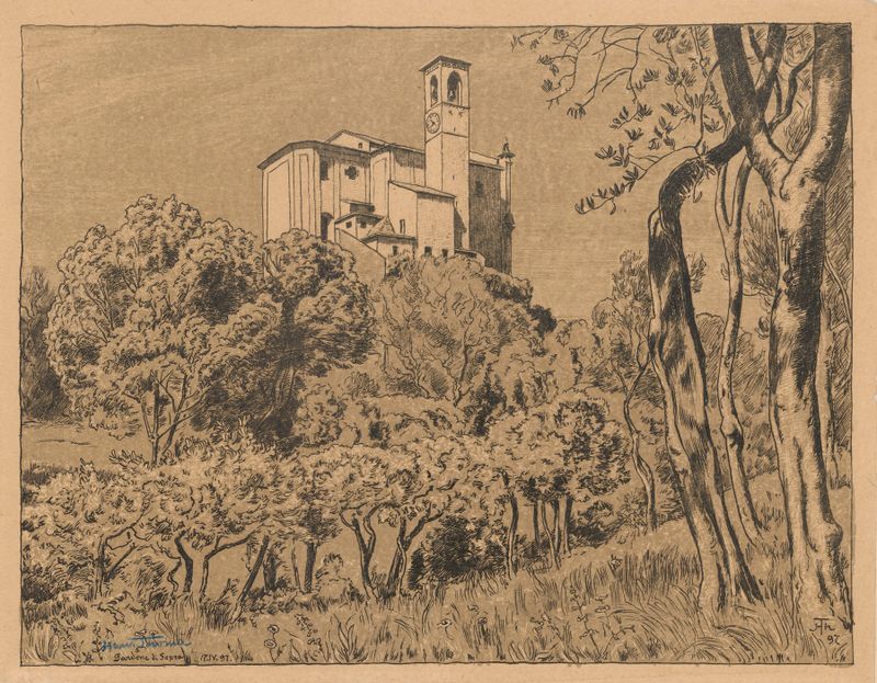 Paisaje con la iglesia de San Nicolás el Taumaturgo de Hans Thoma, 1897, pintura al óleo