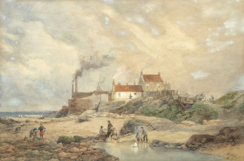 Children playing on the beach with smoke house beyond, Victorian style by Edward Duncan