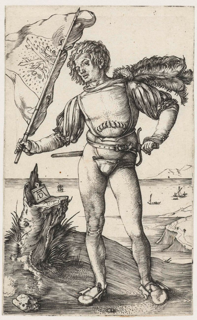 Gravura de Albrecht Dürer mostrando um homem segurando uma bandeira com luz e sombra.