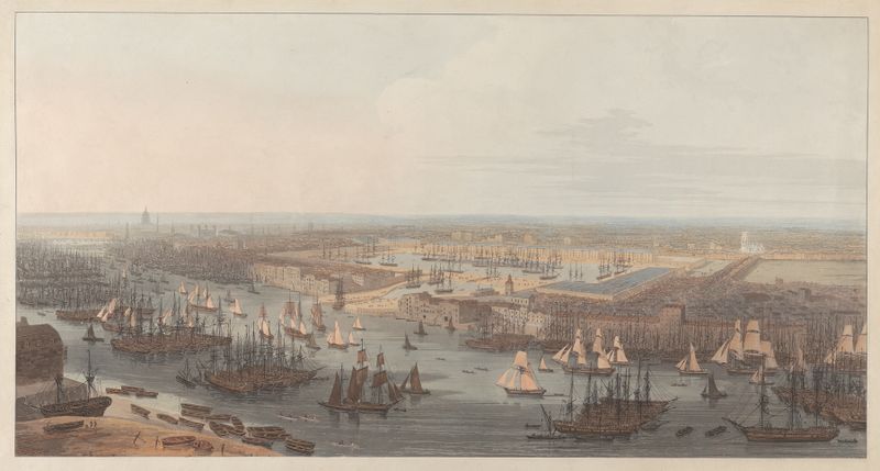 An Elevated View of the New Dock in Wapping, óleo de William Daniell