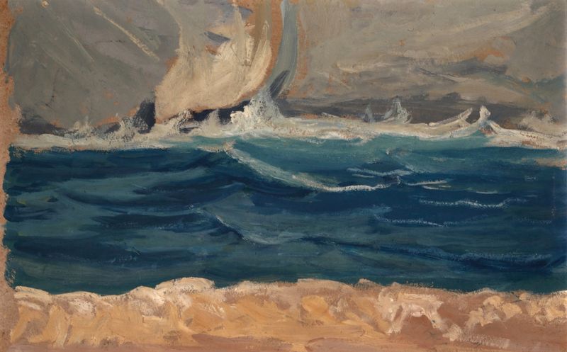 Wave Breaking de Ernst Schiess, una representación impresionista de olas del océano en colores vibrantes.
