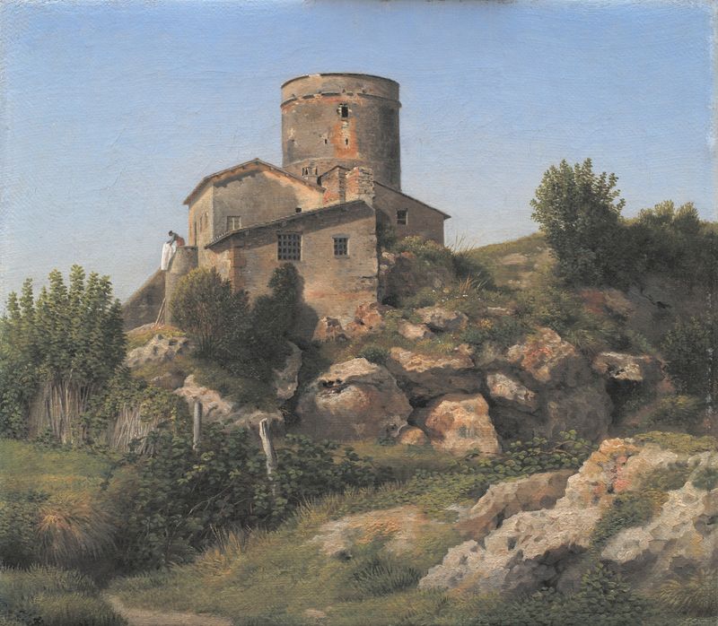 Arquitectura en 'Un edificio cerca de Tor di Quinto fuera de Roma' de Christoffer Wilhelm Eckersberg, pintura al óleo.