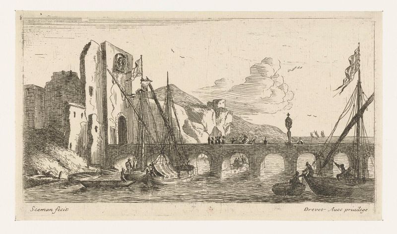 Grabado paisajístico de Unknown Artist que representa un puente y ruinas