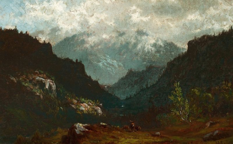 Wilmington Pass, Adirondacks oil painting by John Joseph Enneking depicting a lush landscape with mountains and a river.