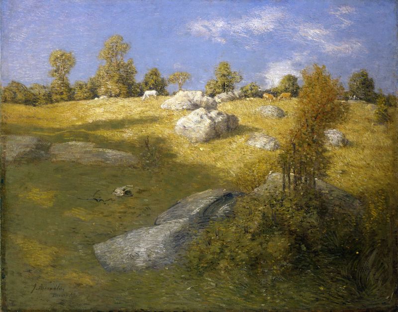 Upland Pasture de Julian Alden Weir, óleo sobre tela que retrata campos verdes exuberantes e luz suave.