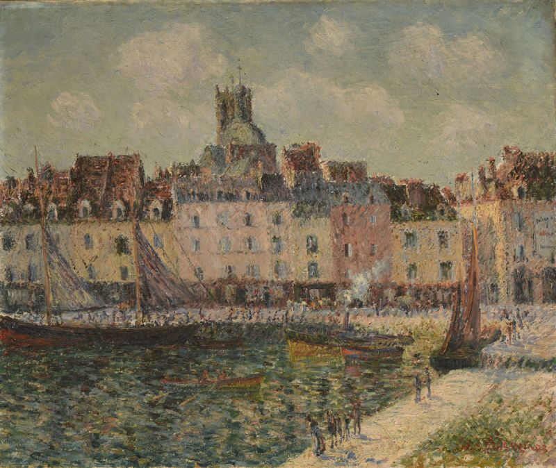 Marine scene with boats and water reflections by Gustave Loiseau, oil painting