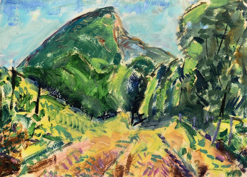 Paisagem de Alfred Henry Maurer, óleo apresentando um horizonte com azuis suaves e ocres quentes.