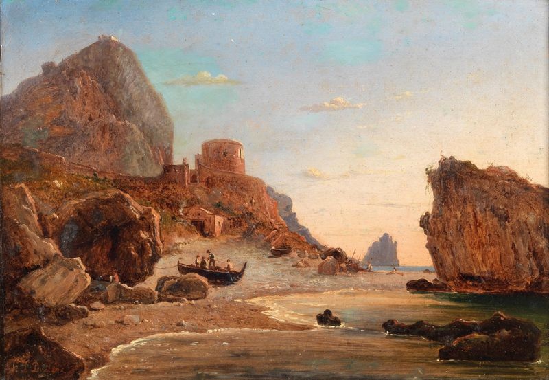 Capri, Marina Piccola de Theodoro Duclère, pintura a óleo que retrata o mar turquesa e ondas suaves